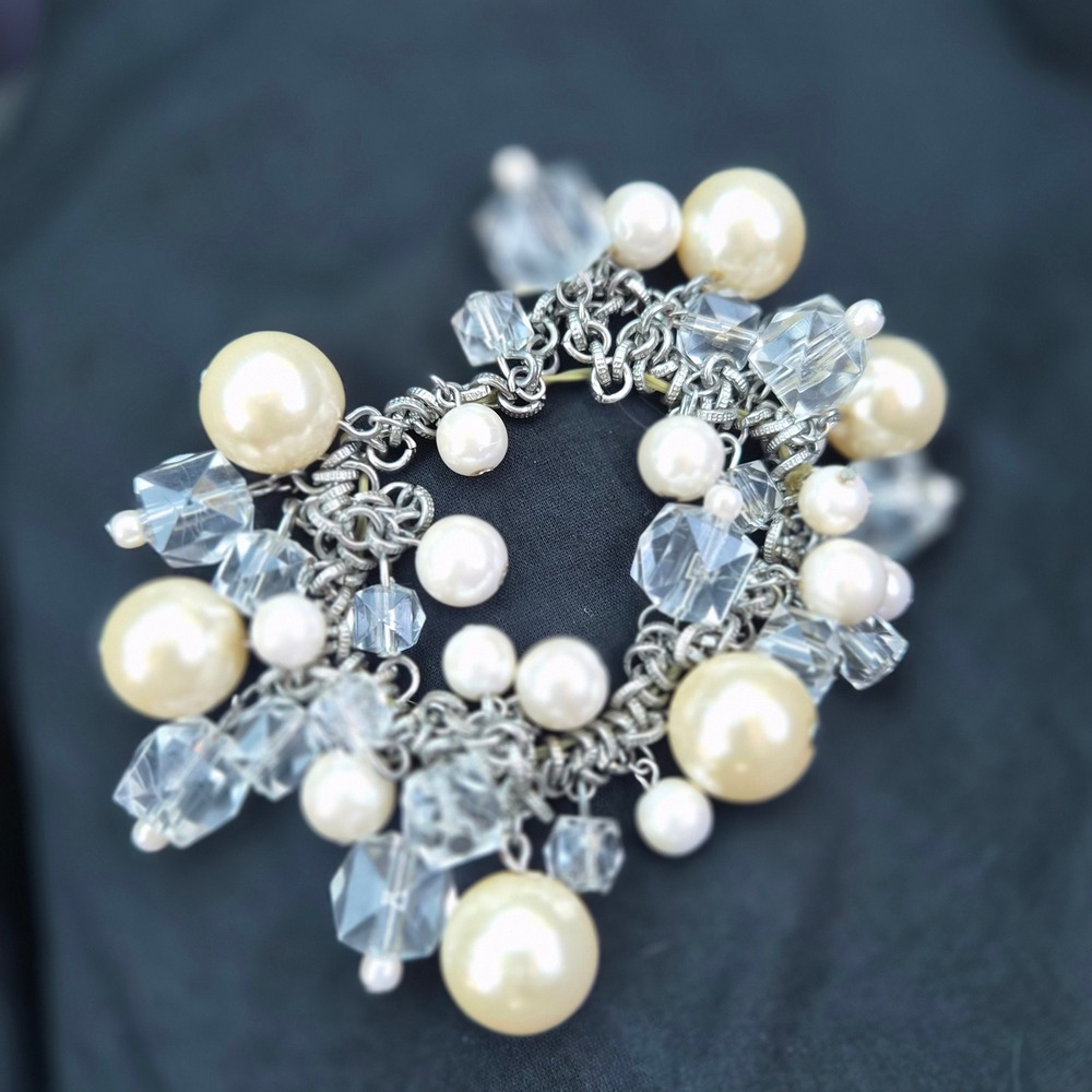 Chunky Faux Pearl and Clear Crystal Charm Stretch Bracelet Silver Tone Statement